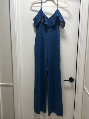 a'gaci Blue Denim Off-Shoulder Wide-Leg Jumpsuit